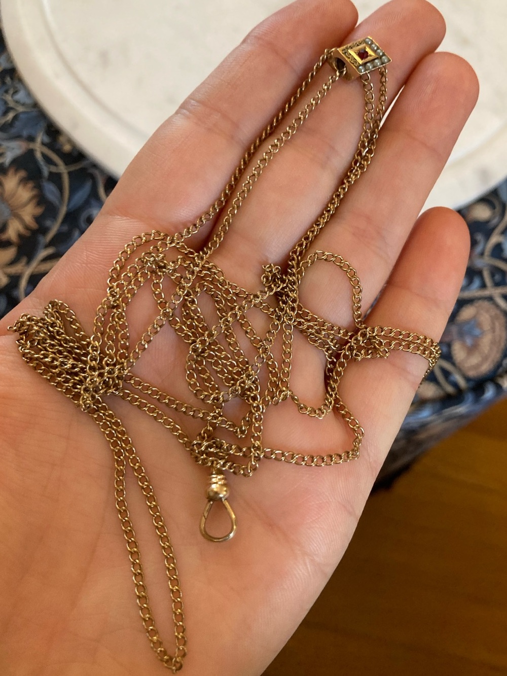 Antique Victorian 1/10 Gold Seed Pearl & Garnet Paste Watch Chain Necklace - Picture 12 of 14